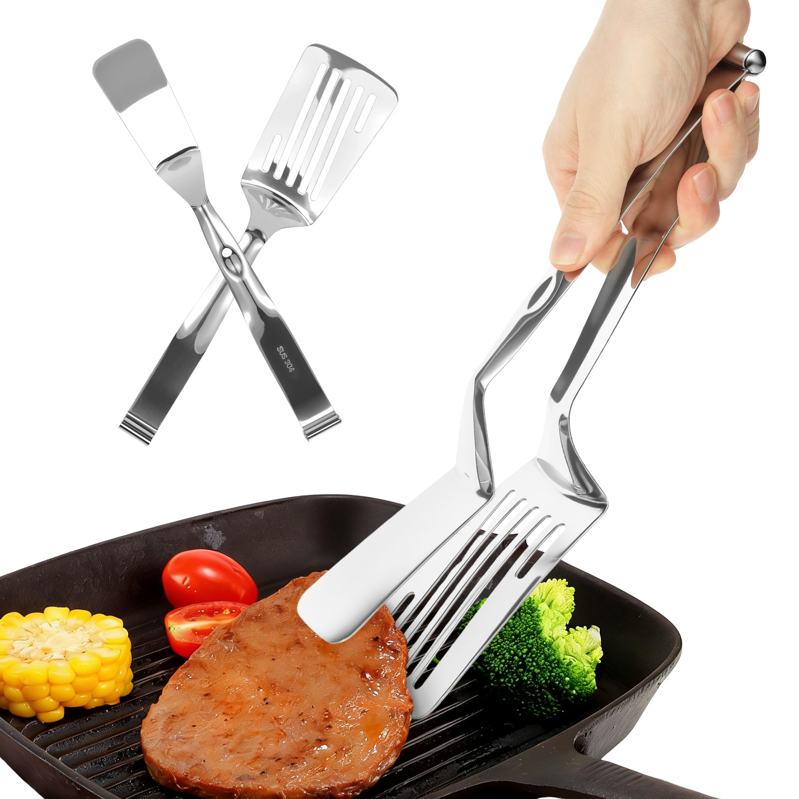 Kitchen Up - 2Pcs 11.34inch Stainless Steel Spatula Tong