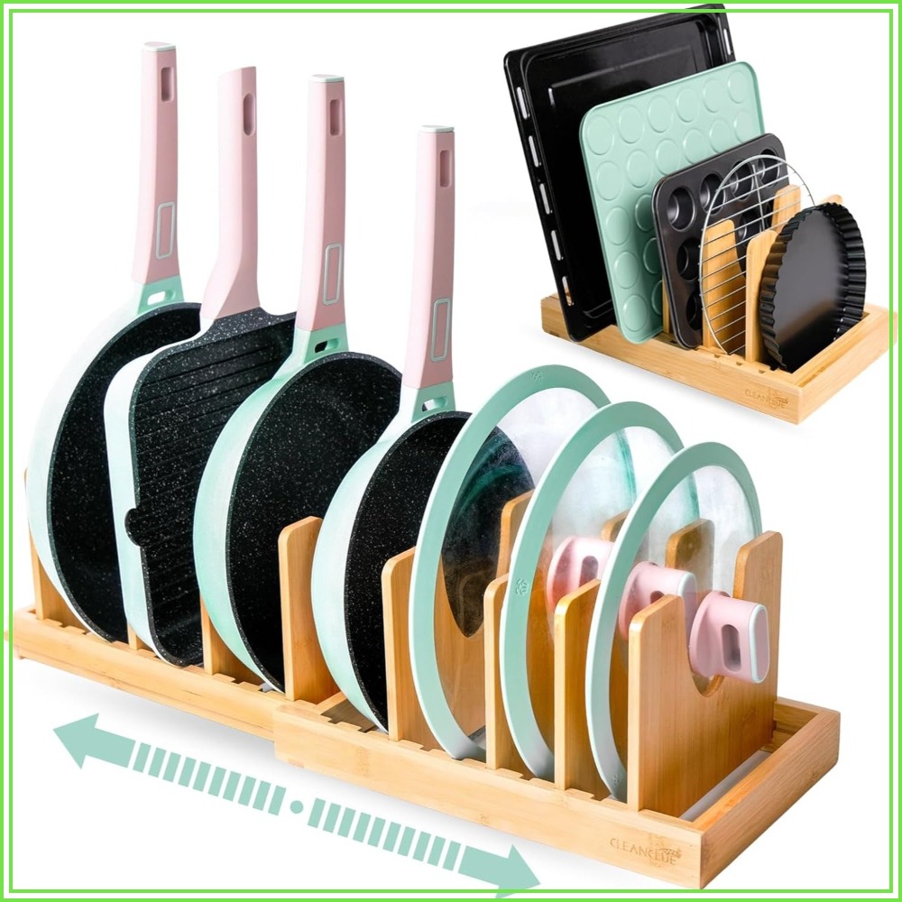 Expandable Bamboo Pots and Pan - Kitchen Cabinet Baking Organizer recension och pris