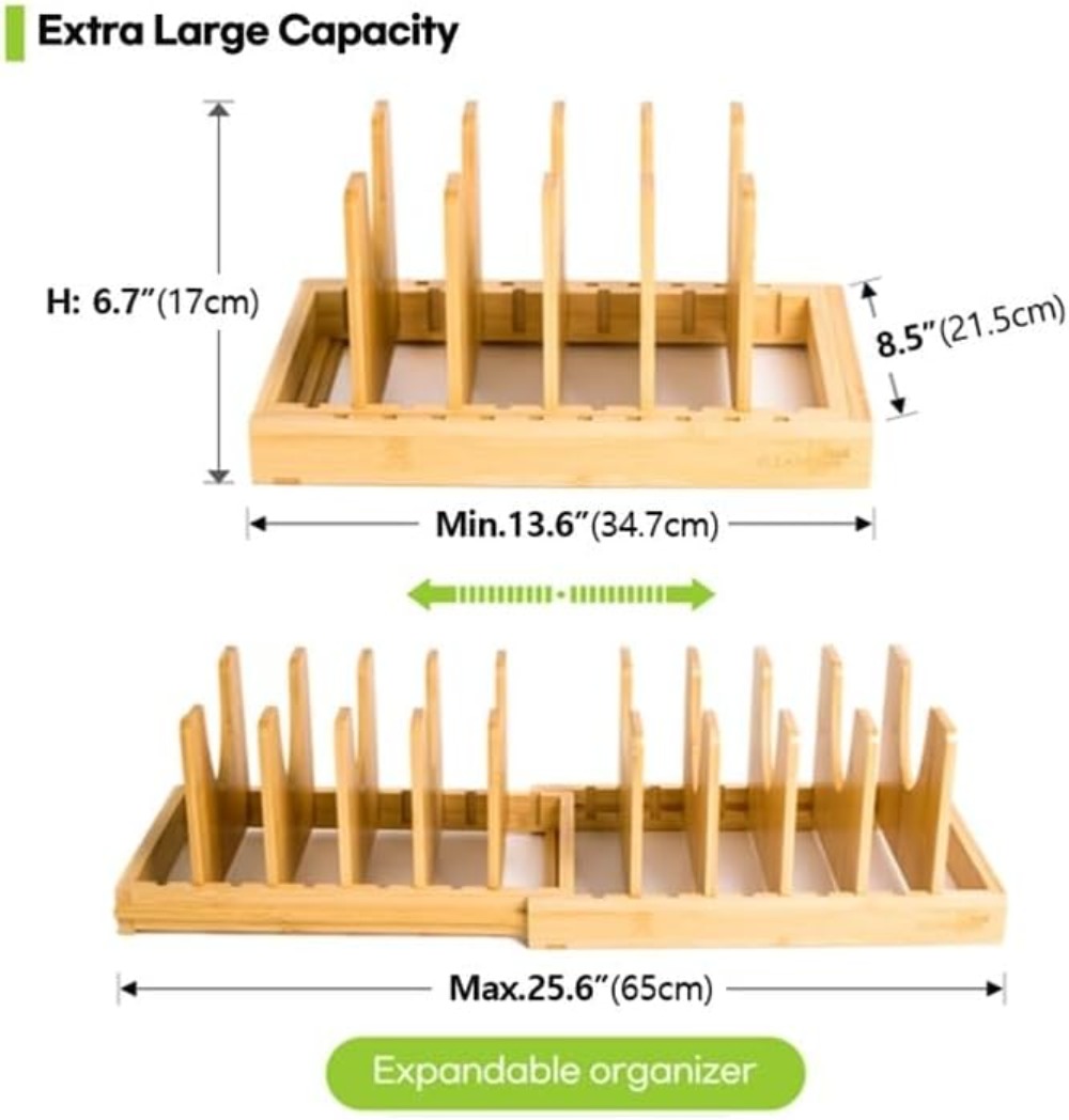 Expandable Bamboo Pots and Pan - Kitchen Cabinet Baking Organizer recension och pris