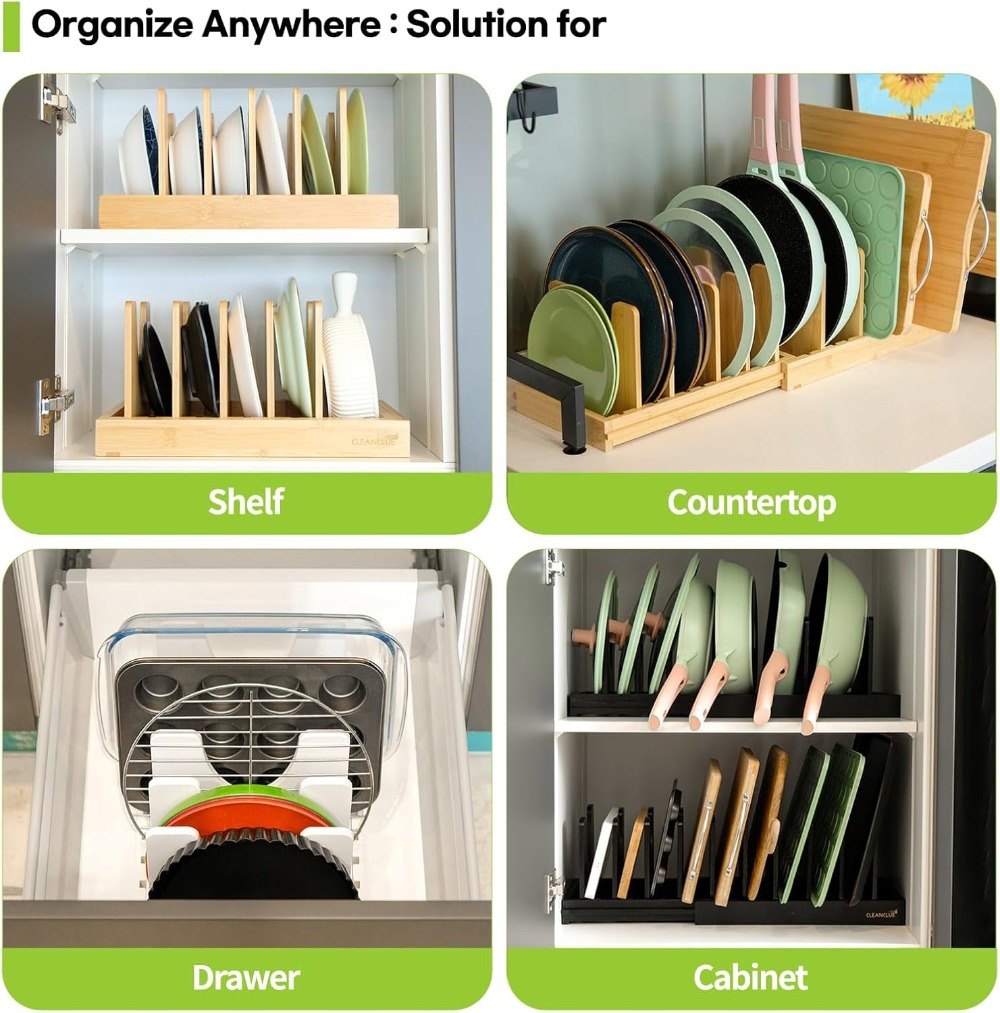 Expandable Bamboo Pots and Pan - Kitchen Cabinet Baking Organizer recension och pris