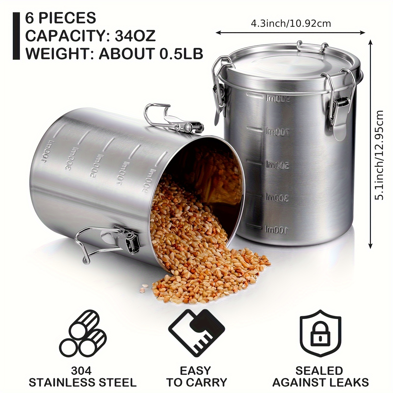 6 Pack 34 Oz Stainless Steel C - Kitchen Baking Canisters recension och pris